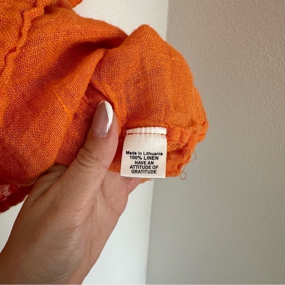 FLAX Woodstock Flowy Linen Blouse Orange V Neck Size Small Women’s 3/4 Sleeves - Picture 9 of 9